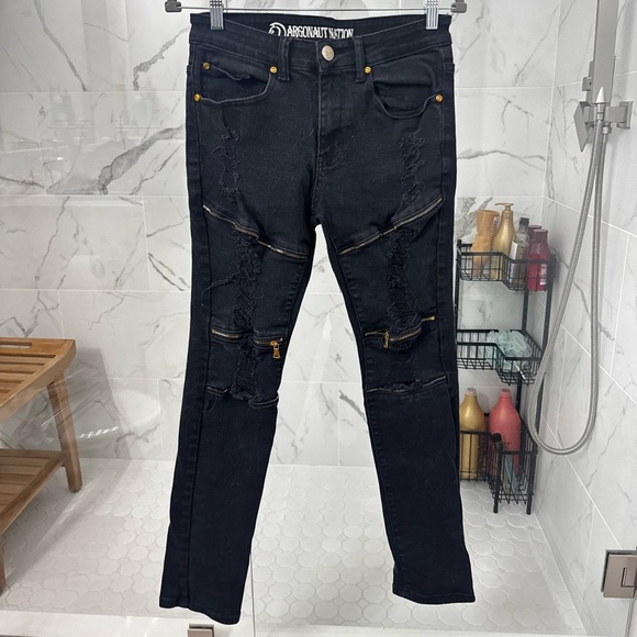Argonaut Nation Black Moto Distressed Skinny Jeans - Size 32x32 Streetwear Gold - Picture 3 of 6